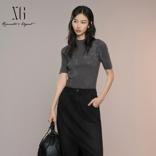 雪歌2025年秋季 女打底衫 新款 针织衫 上衣XK311015A281 圆领短袖