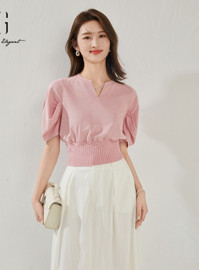 XG/雪歌粉色V领套头收腰泡泡袖针织衫气质粉色上衣XK201647A816