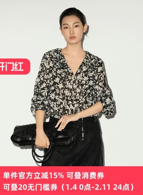 XG/雪歌26春法式设计感V领碎花衬衫女长袖雪纺衫女装XL121018B393