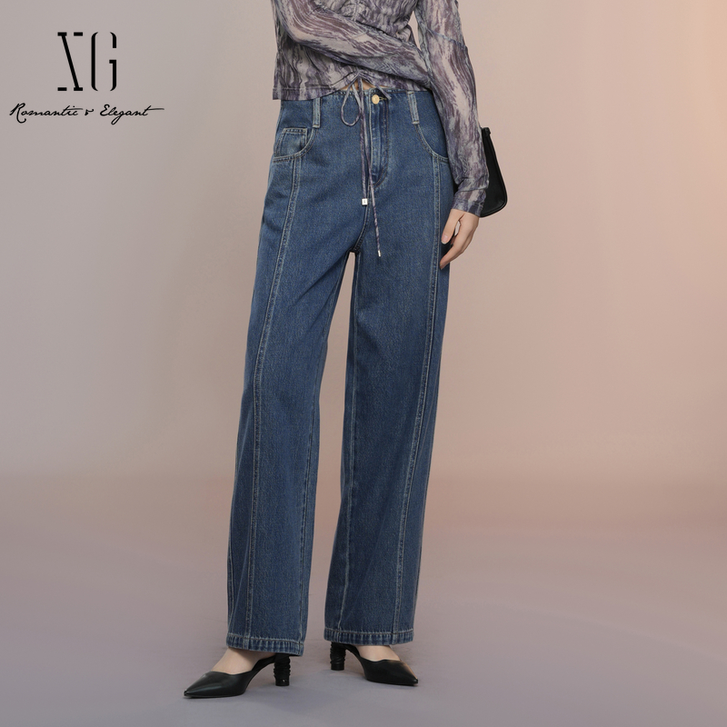 XG/雪歌百搭高腰显瘦直筒牛仔裤