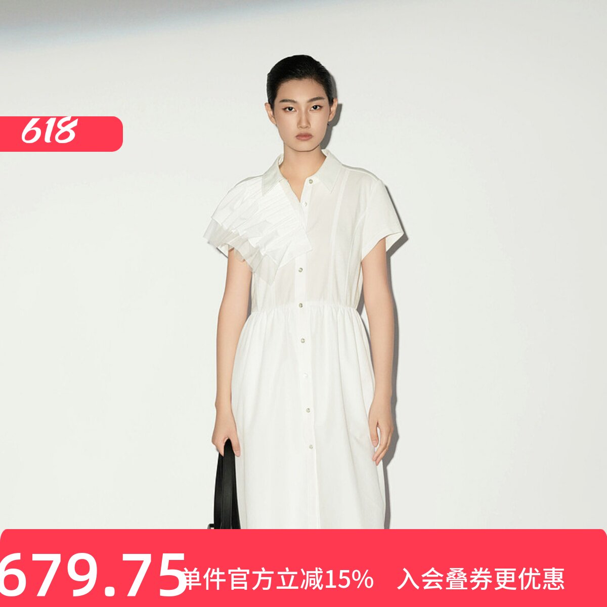 XG/雪歌26夏白色衬衫气质中裙女短袖翻领收腰连衣裙XL204009A351