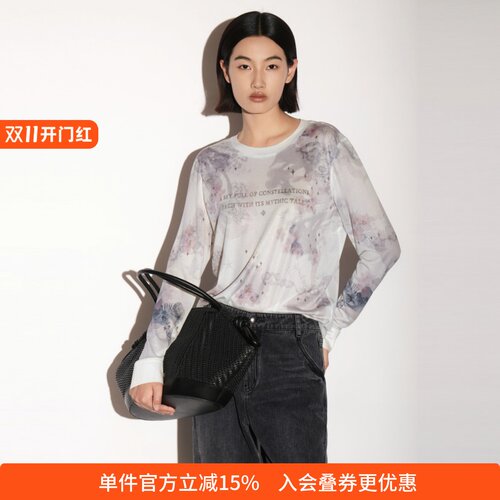 XG/雪歌晕染圆领印花长袖T恤女