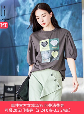 xg雪歌正品印花短袖T恤女套头2024春季新款休闲上衣XJ101023A681