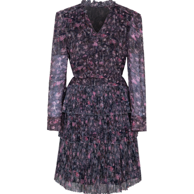 XG/雪歌V领碎花收腰长袖连衣裙