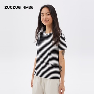 素然ZUCZUG 夏季 女士條紋棉彈針織布合體短袖 T恤 4M36
