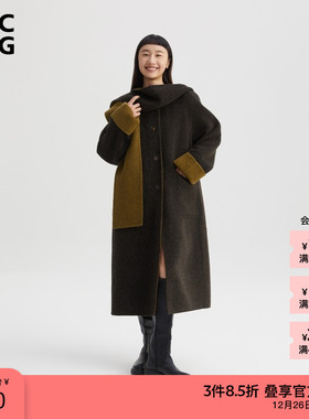 ZUCZUG 素然秋冬女士安可拉红羊毛双面呢带帽长大衣