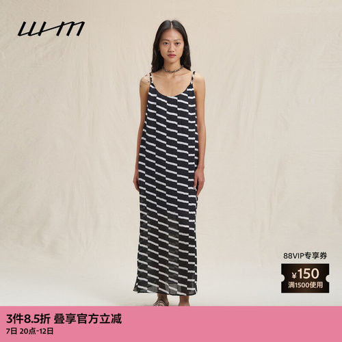 WHM设计感亮缎吊带图案连衣裙