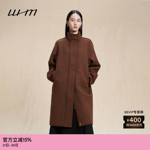 WHM绒感针织呢立领长外套