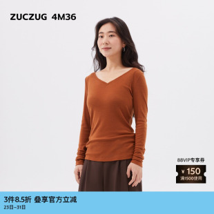 女士细腻羊毛针织布V领长袖 秋季 T恤 4M36 素然ZUCZUG