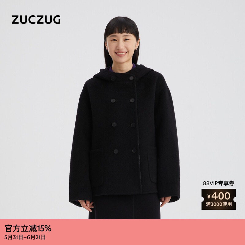 ZUCZUG 素然冬女士保暖羊毛羊驼双面穿呢料带帽短外套