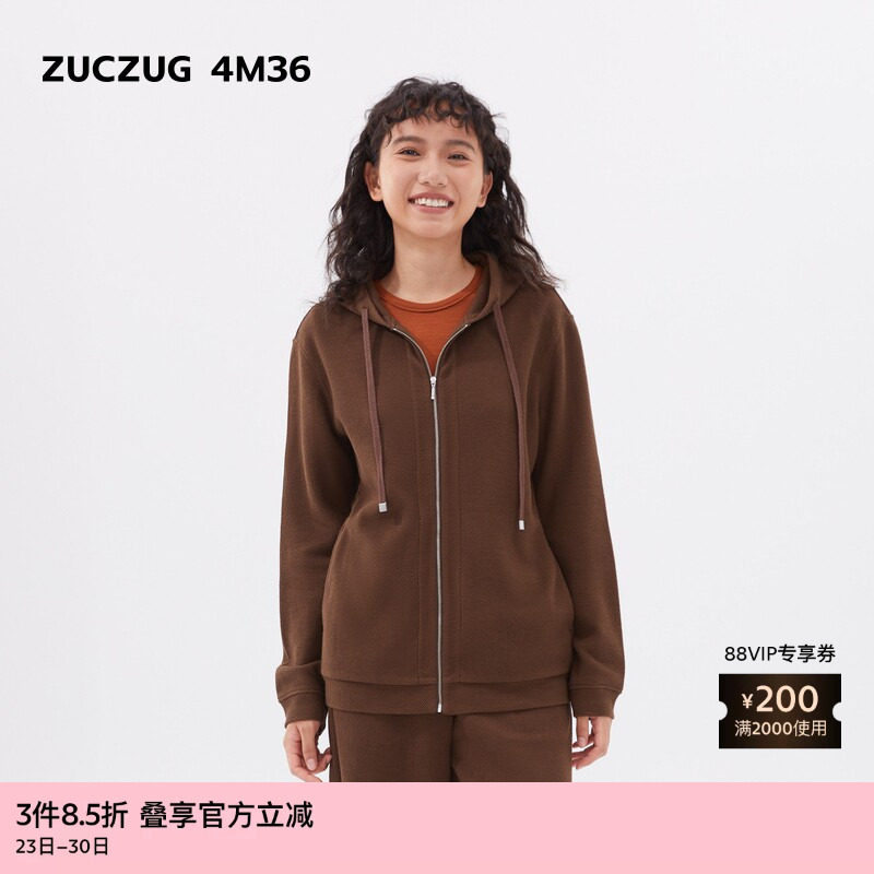 素然ZUCZUG 4M36 秋季女士珠地纹理针织布带帽拉链卫衣