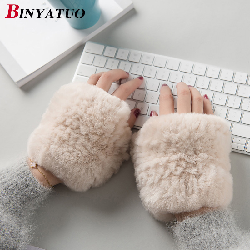 宾雅图 獭兔毛弹力露指手套 秋冬保暖真毛毛可爱半指手套女 新款