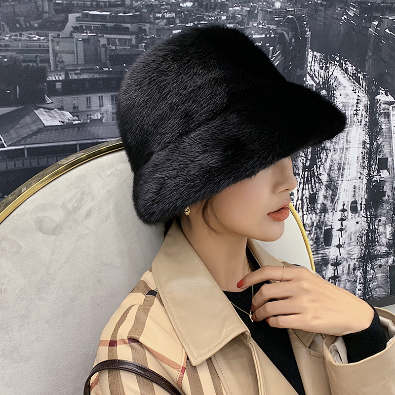 宾雅图 女士秋冬时尚复古皮草太阳小礼帽 水貂毛整皮黑色太阳帽子