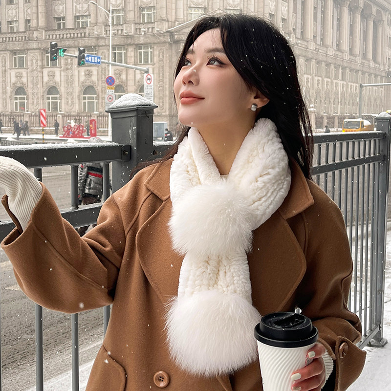 新款獭兔毛双面编织皮草围巾纯色狐狸毛球可爱毛毛真毛围巾保暖冬