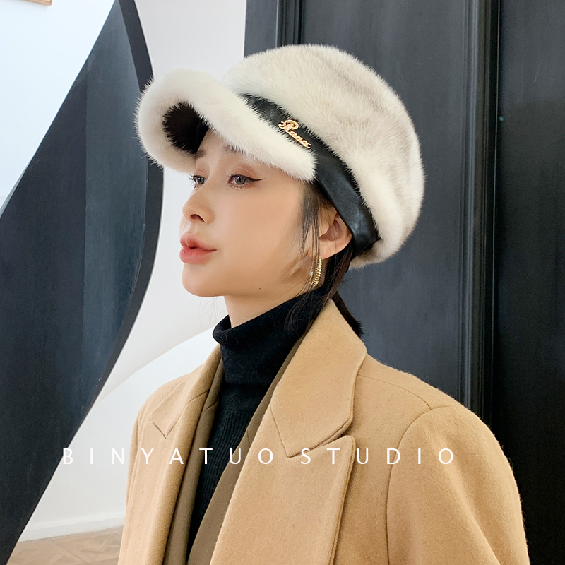 【清仓3个】整貂皮休闲鸭舌帽 冬季女士保暖皮草帽子 水貂贝雷帽