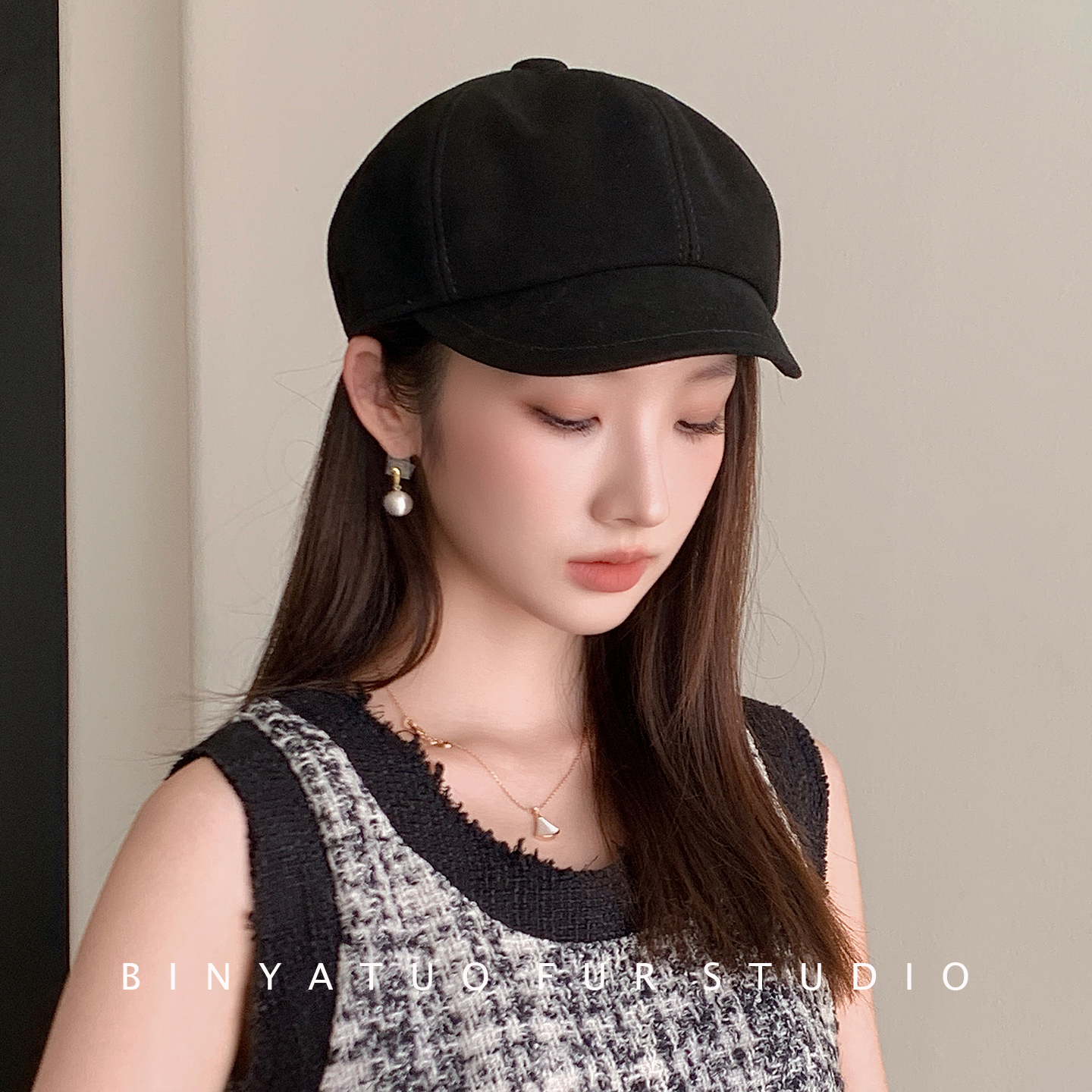 秋冬女士休闲鸭舌帽贝雷帽六角帽柔软真皮反绒羊皮帽子女绵羊皮