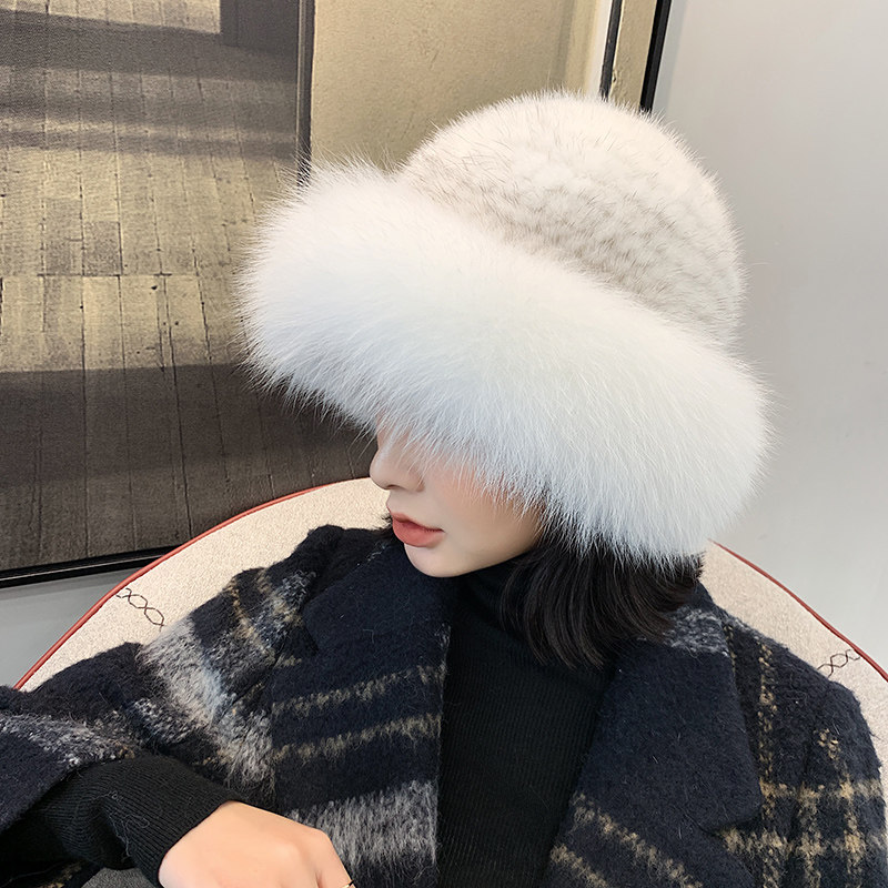 水貂编织狐狸毛小圆帽