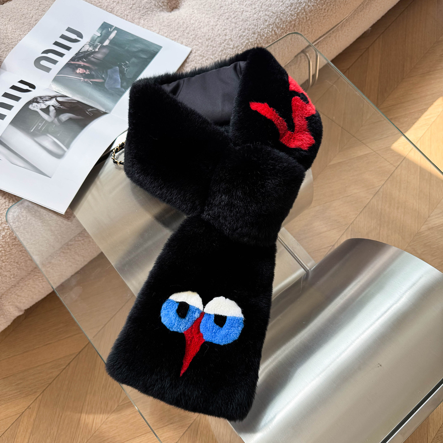 F家同款獭兔毛整皮个性小鸟图案皮草围巾冬新款真毛保暖围脖男女