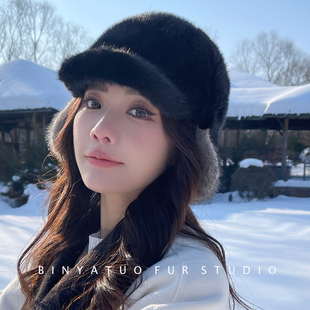 宾雅图 男女款式休闲皮草帽子 水貂皮毛鸭舌帽 骑士护耳保暖 冬天