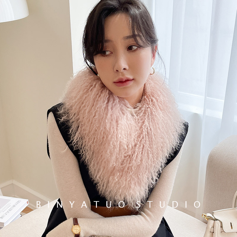 冬季滩羊毛皮草围巾 韩国新款真毛大毛领子吸扣围脖 粉色保暖脖套