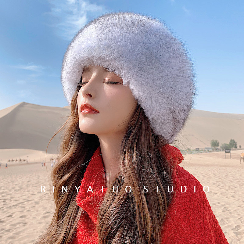 狐狸毛皮草帽子 韩版女裘皮女帽 獭兔毛帽顶真毛冬季保暖护耳帽