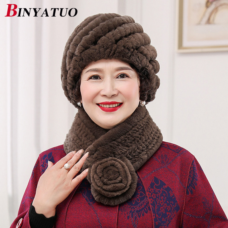宾雅图冬季老太太保暖围巾帽子二件套套中老年獭兔毛弹力保暖帽