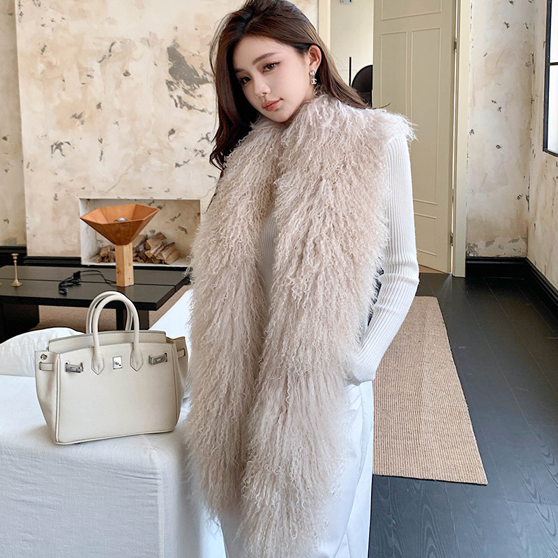 宾雅图 天然滩羊毛卷羊长款围巾 冬季真毛大毛领皮草大披肩围脖女