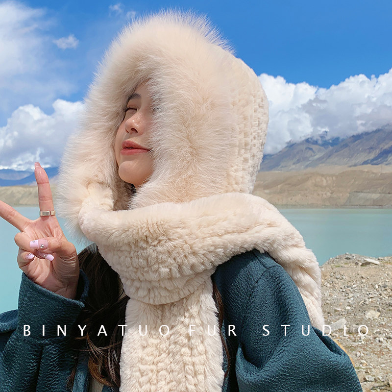 冬季出游围巾风雪帽獭兔配狐狸毛