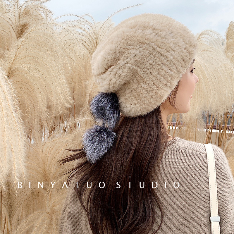 加密编织狐狸毛球球弹力帽子女帽