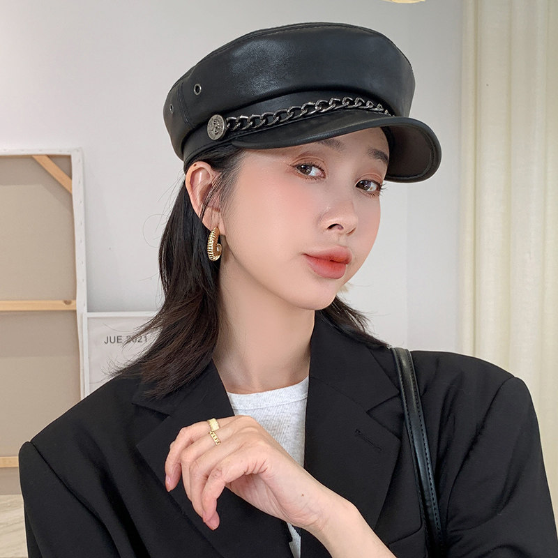 秋新款真皮帽子 男女款小羊皮平顶鸭舌帽 休闲英伦金属贝雷帽
