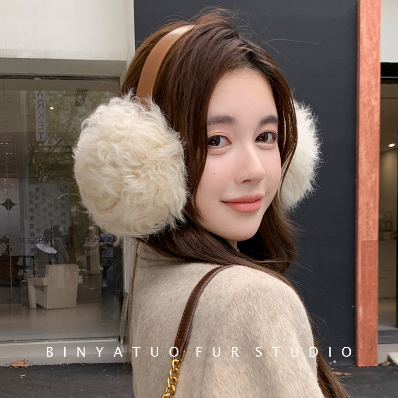 自然卷真羊毛保暖耳罩秋冬韩国ins耳套羊皮支架防冻耳捂耳暖耳包