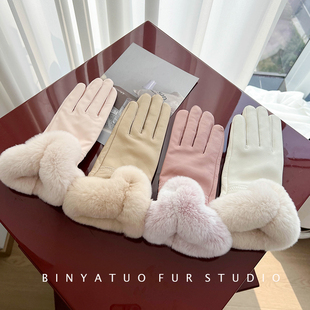 绵羊皮真皮女士保暖皮手套冬季保暖加绒修手韩系獭兔毛手套可爱