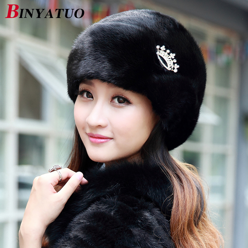 【清仓黑色一顶】 皇冠水貂整皮皮草帽子 女士护耳裘皮貂毛帽子
