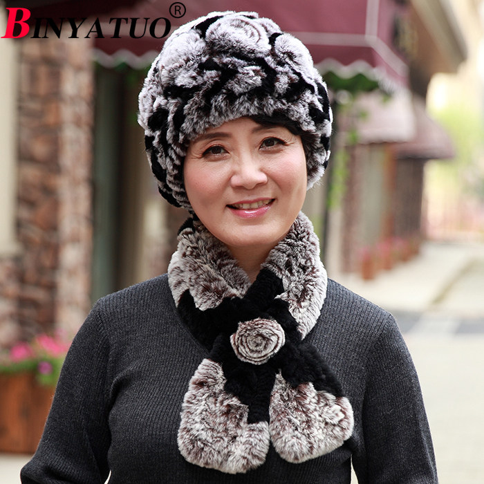 宾雅图 秋冬季老太太保暖帽子围巾二件套獭兔毛 老人皮草套装妈妈