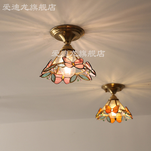 走廊过道灯中古风玄关阳台灯卧室衣帽间玻璃彩色蝴蝶吸顶灯 法式
