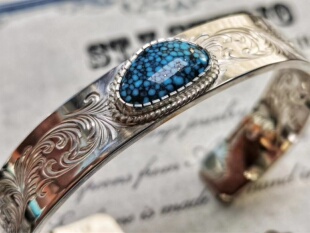 St.Z手工唐草双面雕刻手镯林赛Grs925银镶嵌美松金曼松石No.22