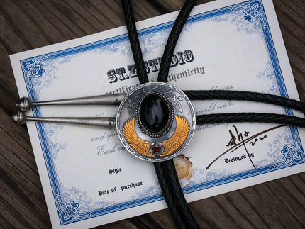 稀有埃及银币改造BoloTie镶嵌黑曜石24K金翅 STZ原创限量款NLEW02