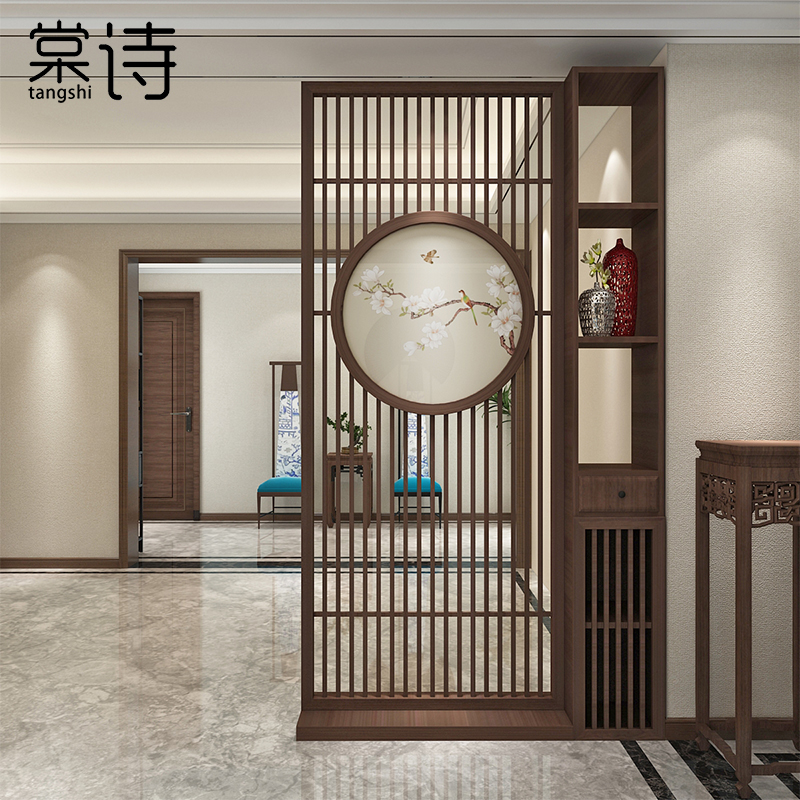 现代中式实木置物架隔断客厅储物柜办公室书房玄关花鸟屏风隔断墙