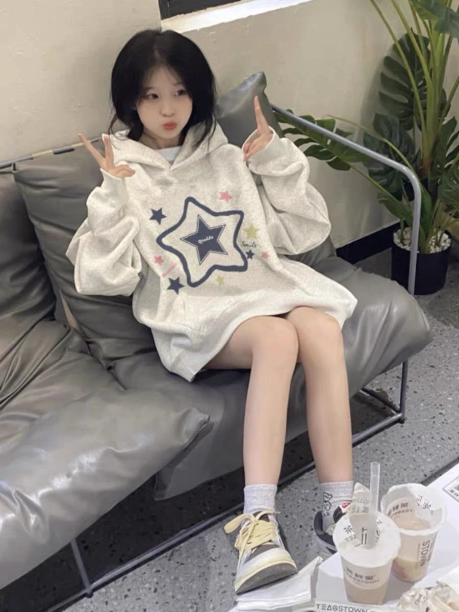 美式hiphop星星印花连帽卫衣女秋冬新款宽松加绒加厚上衣ins潮牌