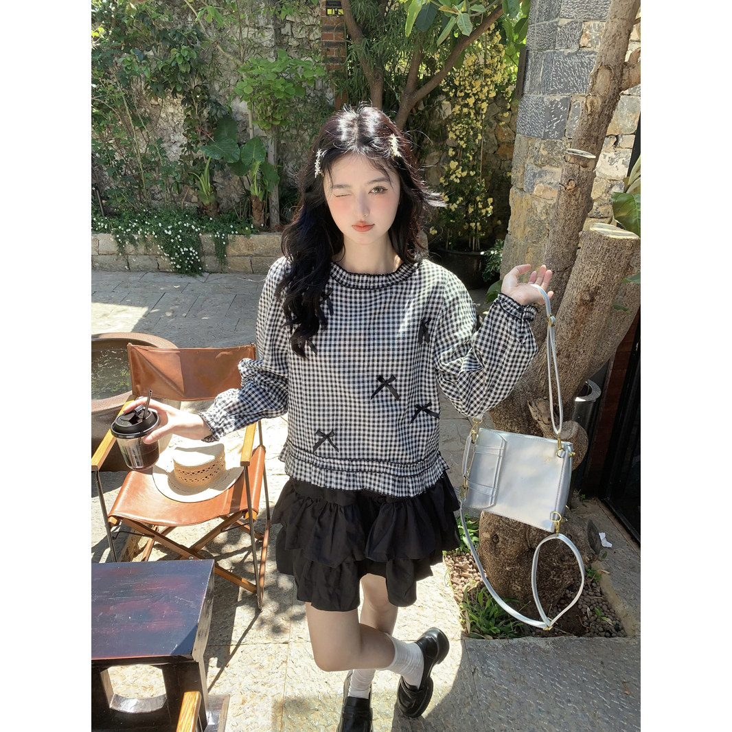 韩系蝴蝶结格子长袖衬衫女早秋季新款甜美减龄圆领花边套头上衣潮