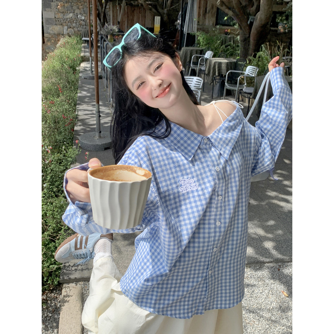 日系甜美格子衬衫女秋夏季长袖宽松显瘦系带POLO领百搭学院风上衣
