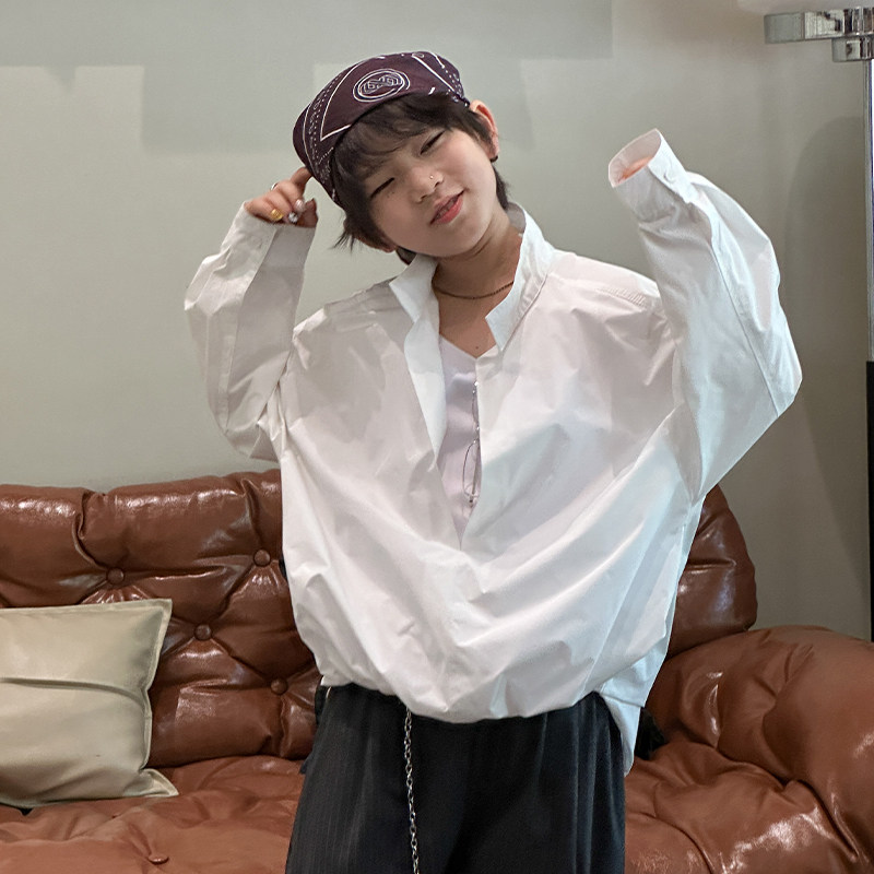 男童长袖衬衫春秋款韩版儿童痞帅假两件上衣中大童时髦衬衣外套潮