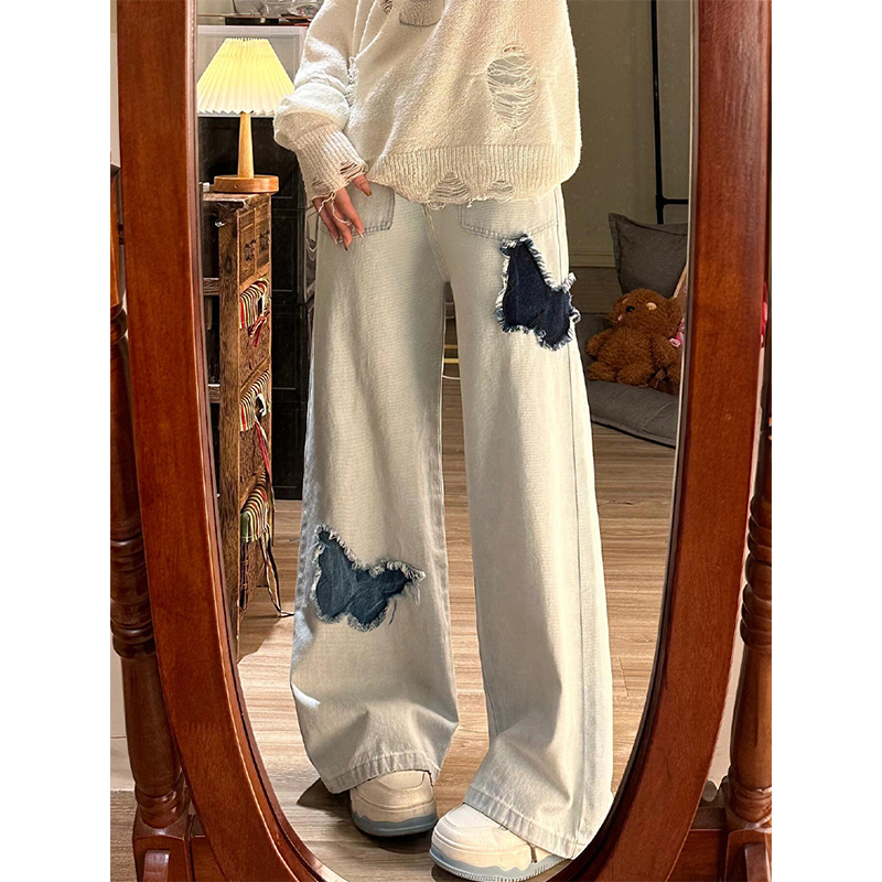 设计感蝴蝶结刺绣牛仔裤女夏季新款胖妹妹mm高腰宽松显瘦阔腿长裤