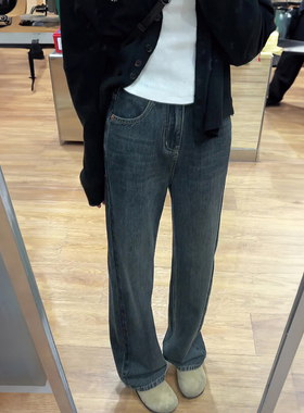 蓝灰直筒牛仔裤女秋冬加绒胖妹妹mm高腰显瘦阔腿长裤梨型身材裤子