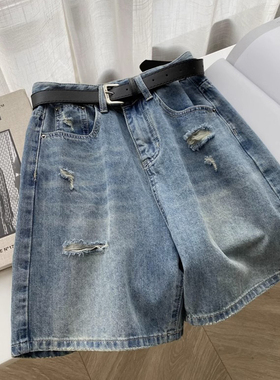 破洞牛仔短裤女夏薄款胖妹妹mm遮胯显瘦阔腿五分中裤梨型身材裤子