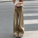 美式复古卡其色直筒牛仔裤女秋季新款胖妹妹mm高腰宽松显瘦阔腿裤