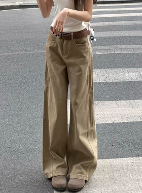 美式复古卡其色直筒牛仔裤女秋冬加绒胖妹妹mm高腰宽松显瘦阔腿裤