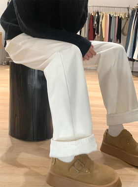 加绒加厚白色牛仔裤女秋冬新款胖妹妹mm梨型身材宽松显瘦直筒长裤