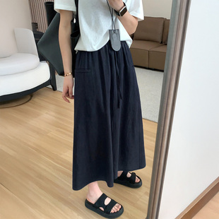 藏青色棉麻半身裙女秋季 胖妹妹mm高腰遮胯显瘦梨型身材a字裙 新款