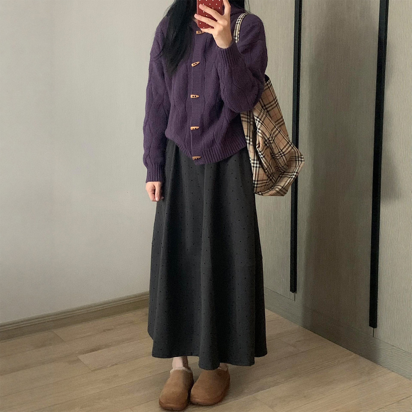 深灰色毛呢波点半身裙女秋冬新款胖妹妹mm高腰显瘦遮胯长款a字裙